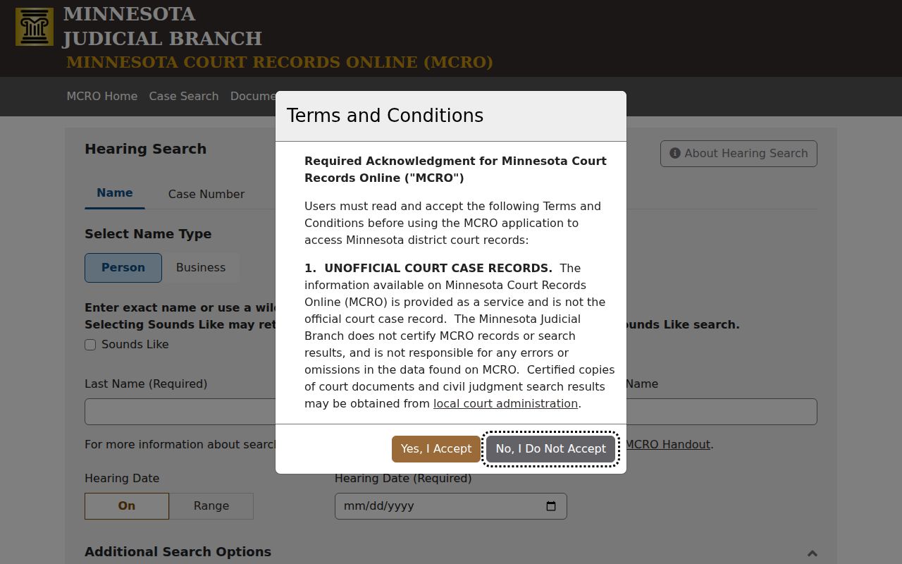 Lac Qui Parle case lookup MCRO Hearing Search