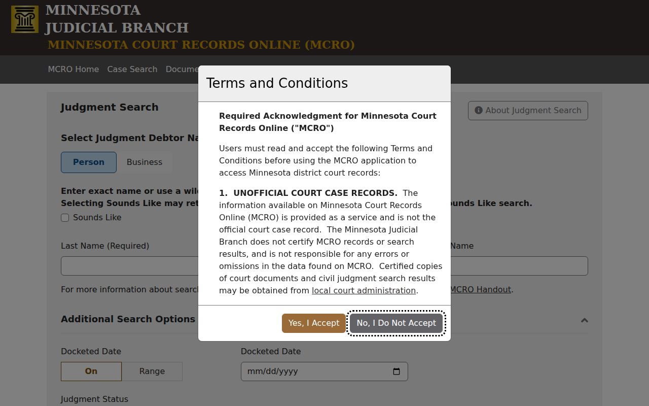 Lac Qui Parle civil docket MCRO judgment search