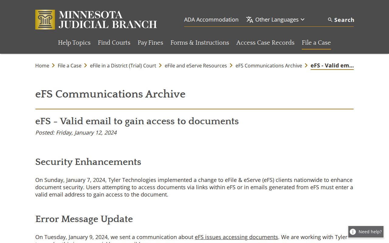 Lac Qui Parle court record eFS valid email notice